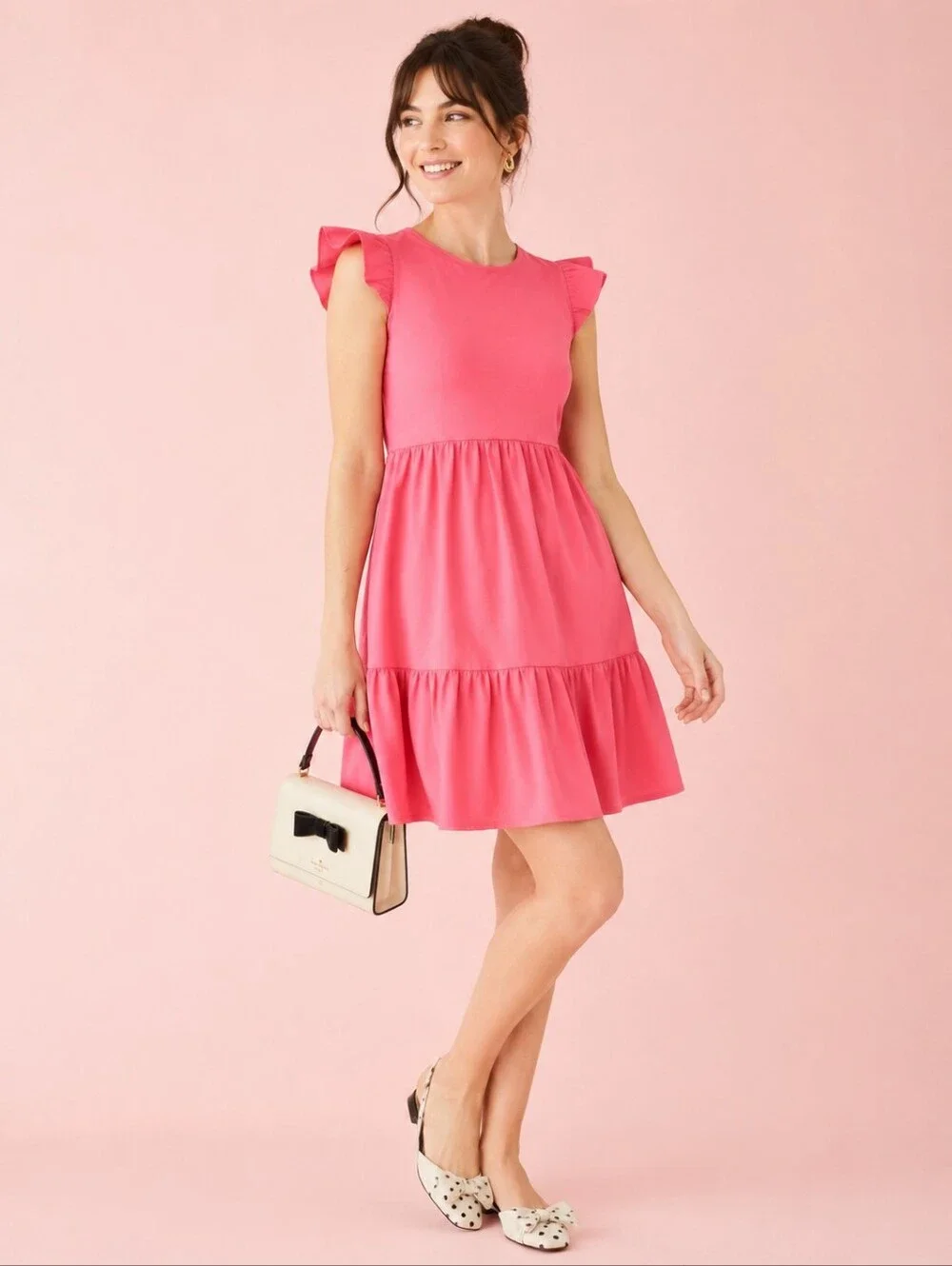 Kate Spade Dress LARGE Trapeze Knit‎ Deep Dahlia Pink Ruffle Tiered Cotton K7675